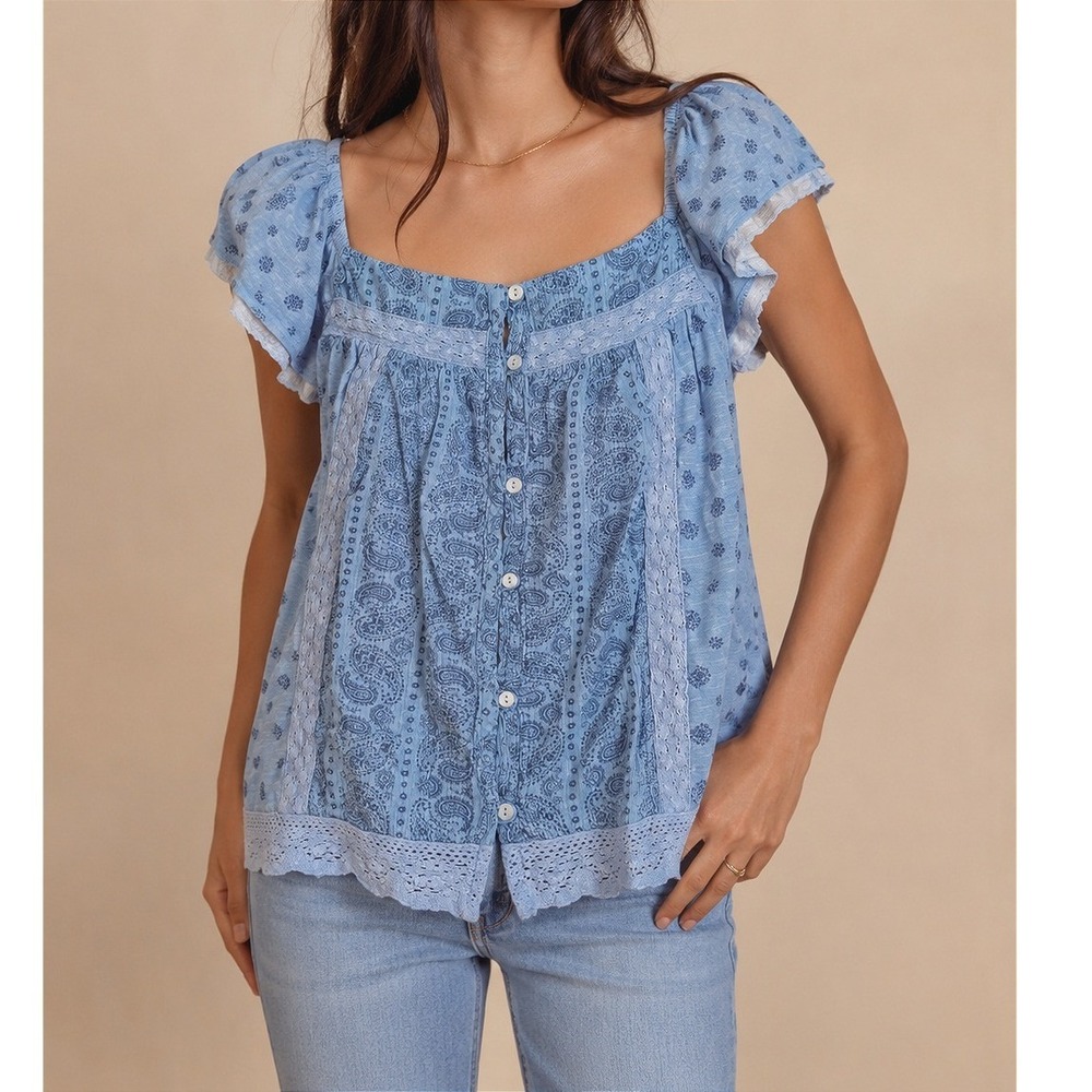 Y2K Boho Cottagecore Peasant Rewind Paisley Lace Trim Top Juniors Medium Blue